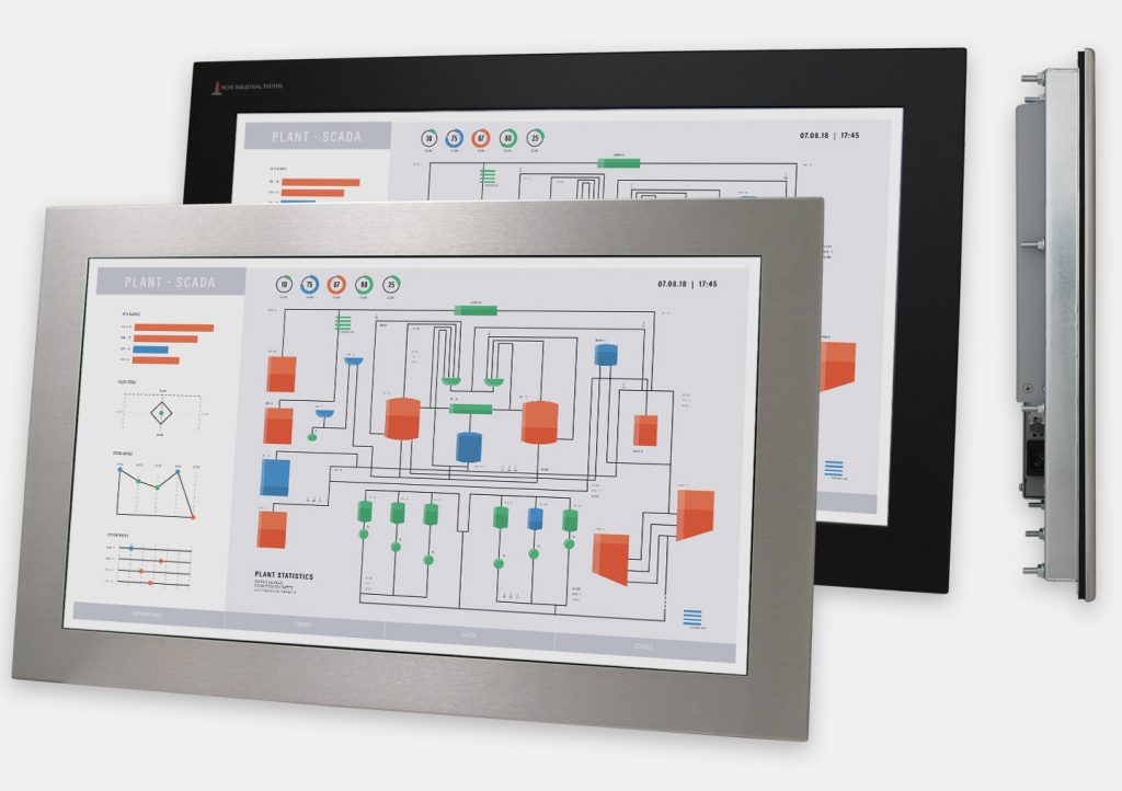 Monitor industriali da 23" formato widescreen per montaggio a pannello e touchscreen rugged IP65/IP66, vedute anteriori e laterali