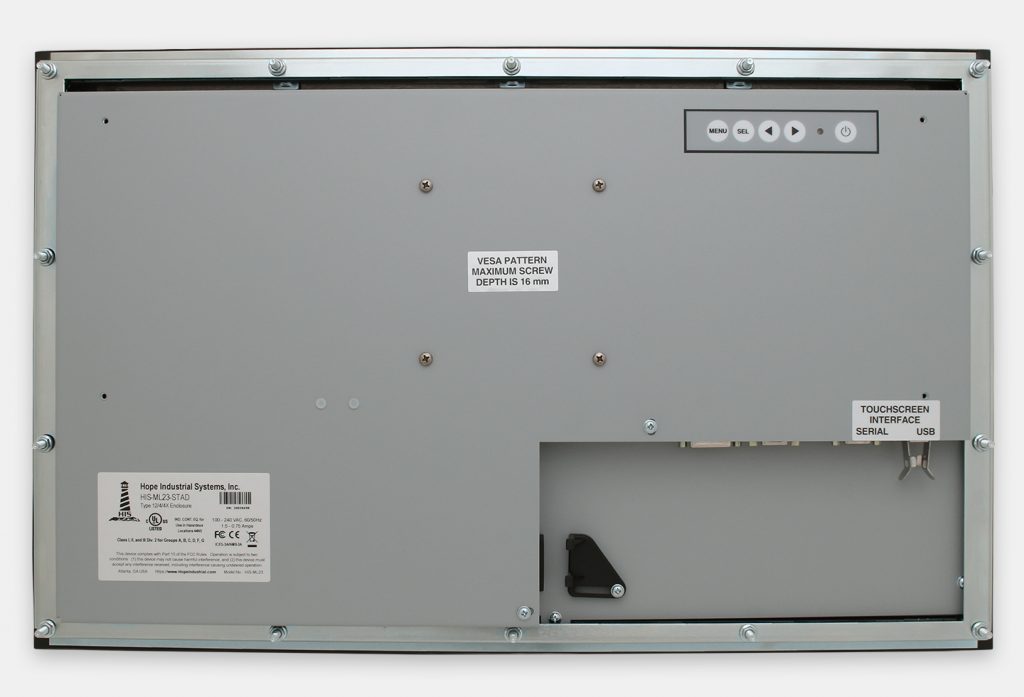 Monitor industriali da 23" formato widescreen per montaggio a pannello e touchscreen rugged IP65/IP66, veduta posteriore