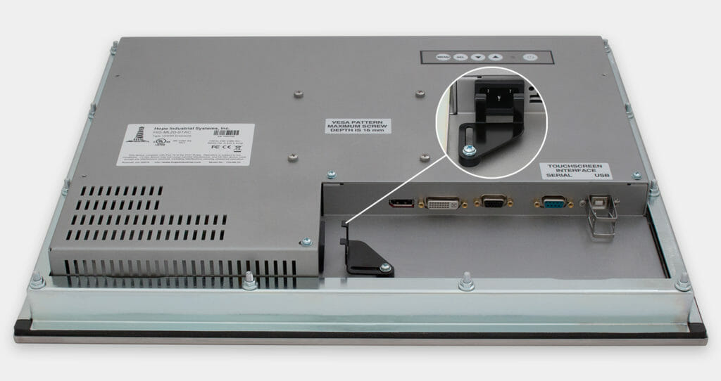 Monitor industriali da 20" per montaggio a pannello e touchscreen rugged IP65/IP66, veduta dell’uscita cavi CA