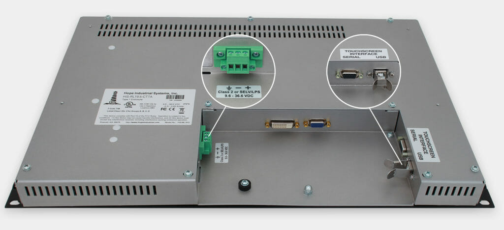 Monitor industriali da 19,5" formato widescreen per montaggio a rack e touchscreen rugged IP20, veduta uscita cavi CC