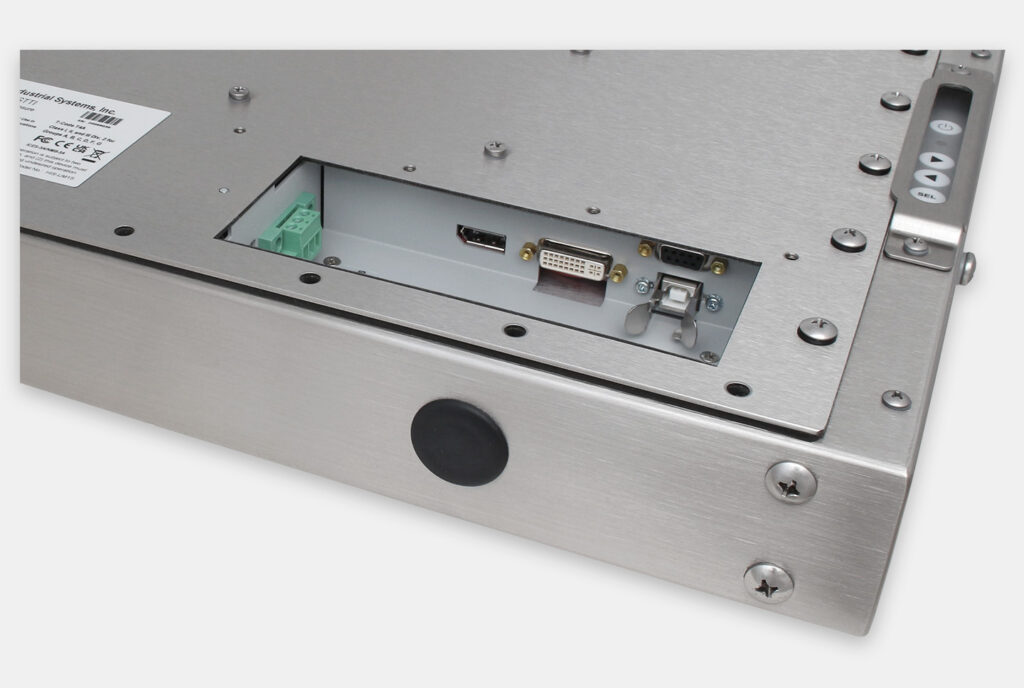 Monitor industriali da 15" per montaggio universale e touchscreen rugged IP65/IP66, veduta dell’uscita cavi CC