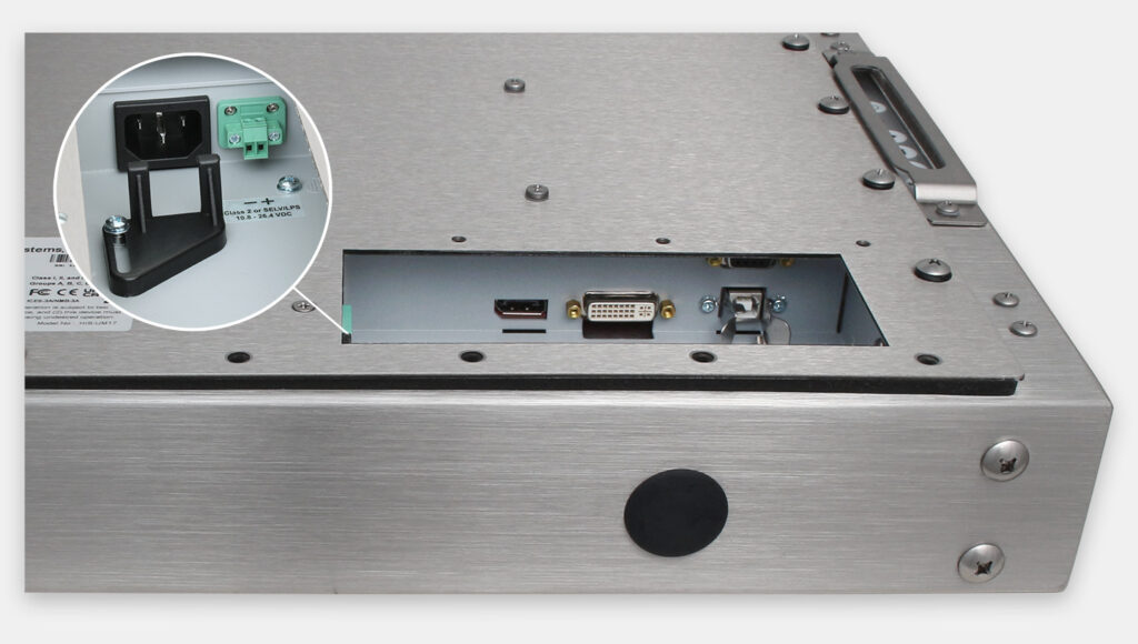 Monitor industriali da 17" per montaggio universale e touchscreen rugged IP65/IP66, veduta dell’uscita cavi